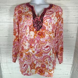Saint Tropez West Linen pink orange paisley sequin blouse old money luxury resor